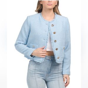 NWT TAHARI Light Blue Button Front Tweed Two Pocket Chanel Style Blazer Size L